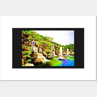 Azalea Waterfall Garden Green Aesthetic Retro Landscape Posters and Art